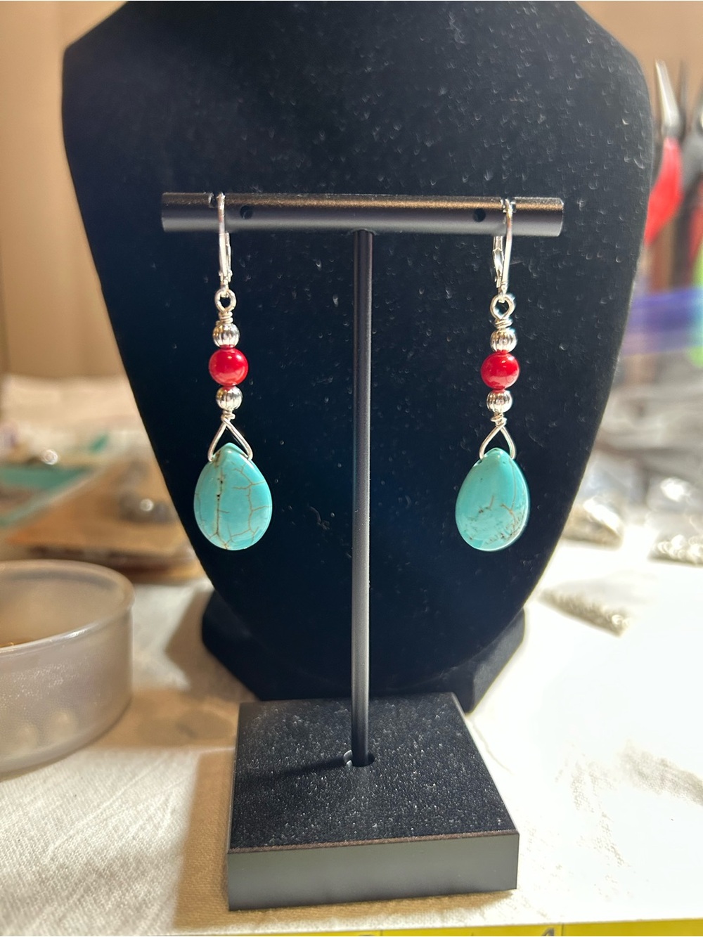 Turquoise Teardrop & Red coral Earrings - Women Jewelry